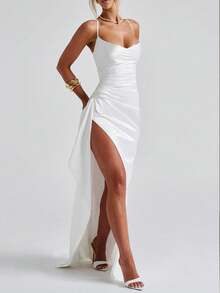 女士缎面无袖垂褶开衩修身性感派对情人节晚礼服 白色夏季优雅 - 白色 - 查看 6