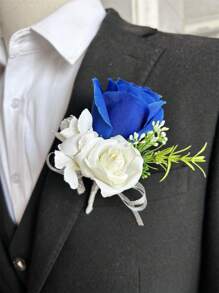1件/6件皇家蓝新郎胸花男士腕花毕业别针西装婚礼鲜花派对装饰情人节配饰 - 寶藍色 - 查看 3