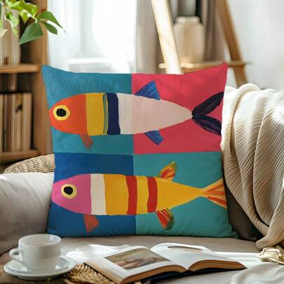 1pc Single-Sided Printed 17.7x17.7/19.68x19.68in Colorful Geometric Fish Pattern Decorative Throw Pillow Case, Home Decor Cushion Cover For Living Room Sofa Bedroom, Housewarming Gift