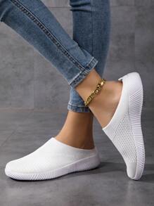 Women's White Low Heel Breathable Knit Casual Flat Loafers, Lightweight & Comfortable Slip-On Sneakers For Daily Wear - White - View 6