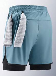 1 Quần short thể thao ngoài trời chạy bộ mùa hè thoáng khí khô nhanh in họa tiết cho nam, thích hợp cho các hoạt động chạy bộ và thể dục ngoài trời vào mùa xuân và mùa hè - Màu xanh bụi bặm - Xem 3