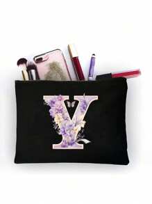 Polyester Zipper Makeup Bag With Flower And Butterfly Letter A-Z Pattern, Elegant Butterfly Design Cosmetic Bag, Coin Purse, Great Gift For Lover And Family, College Dorm Makeup Organizer, Storage Bag, Minimalist Toiletry Bag, Gift Bag, Snack Bag, Mother's Day Gift, Teacher Back To School Gift, Sister Gift, Best Gift For Mother, Birthday Gift - Black - View 30