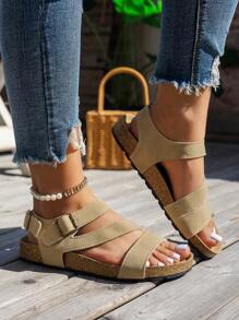 WRCVS Beige Women's Sandals, Flat Summer Sandals For Women With Leather Strap Decor, Soft Cork Sole, Non-Slip, Beach Shoes, Bohemian Style