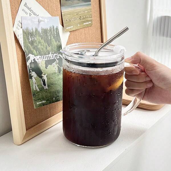 1 pieza Botella de agua de vidrio 1000ml con pajita, cepillo para botella, cepillo para pajita y tapa/1 pieza Taza de 400ml con cepillo, tapa y pajita, taza de café helado, taza de jugo resistente al calor, taza de café transparente, botella de agua de gran capacidad para uso en casa, viajes y exteriores