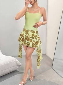 Ladies Knit Camisole Top & Ruffled Mesh Print Mini Skirt Sexy Holiday 2 Pieces Set - Multicolor - View 2
