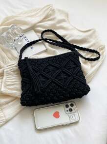 Handmade Woven Small Crossbody Bag, New Woven Shoulder Bag, Niche Retro Beach Style, Versatile Square Envelope Bag, Fashion Crossbody Bag, Beach Vacation Bag - Black - View 7