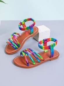 Mädchen bunte Riemchen Elastic Lässig Sandalen, flache rutschfeste Sommer neue Mode Farbblocking Strandlatschen, weich und bequem