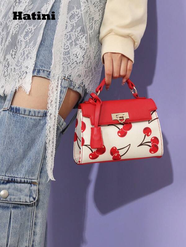 حقيبة يد ذات طبعة الكرز، حقيبة كتف مقفلة مخصصة، حقيبة يد رقيقة مصممة جميلة بأسلوب رقعي، حقيبة كروس متعددة الاستخدامات، مناسبة للتنقل اليومي والمواعدة والتسوق والاسترخاء والعطلات وحفلات الموسيقى والحفلات