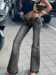 New Women's Fall Clothes - Y2K Streetwear Fashion Multi-Functional Embroidered Pocket Stretchy Flared Homecoming Jeans - Màu xám đen - Xem 4