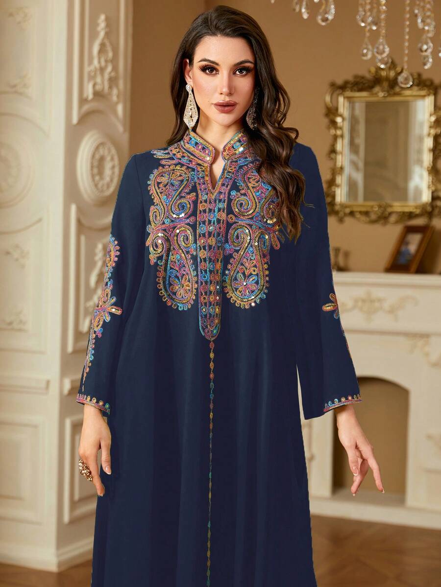 Women's Vintage Inspired Sequins Embroidered V-Neck Loose Long Arabic Style Dress, Spring/Summer, Modest Kaftan - Navy Blue - View 1