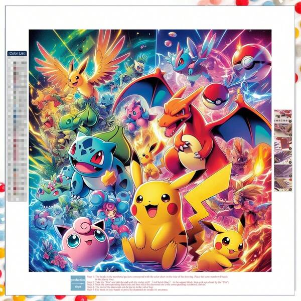 pokemon Kit de pintura de diamantes 5D - Dibujos animados, animación, Pokemon - Pikachu, Rhinestones redondos, Juego de artesanía de lienzo, Pintura de arte de diamantes, Decoración de pared, Arte de diamantes, Coleccionable, Regalo ideal para familia y amigos, Regalos navideños