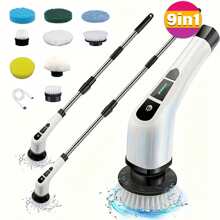 1 无线电动旋转清洁器 - USB 充电，7 至 9 个可更换刷头，双速，可拆卸伸缩手柄，电池电量指示器，适用于厨房/客厅/浴室清洁，锂电池供电，七合一和九合一家用清洁产品