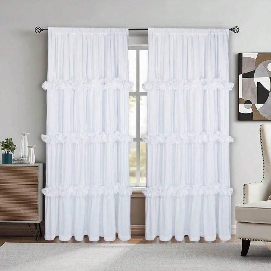 Farmhouse Ruffle Window Curtains With Blackout Liner Handmade Bow Ties Drapes 2 Panels Set Curtain Livingroom Curtain Edges (100x84 Size Only One Panel) - 54X84 - 查看 1