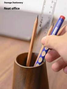 1pc Solid Walnut Wood Retro Storage Bucket, Tea Accessories Container, Pen Holder, Modern Minimalist Wooden Office Desk Stationery Organizer, Handmade Walnut Wood, Color And Size May Vary, Back To School