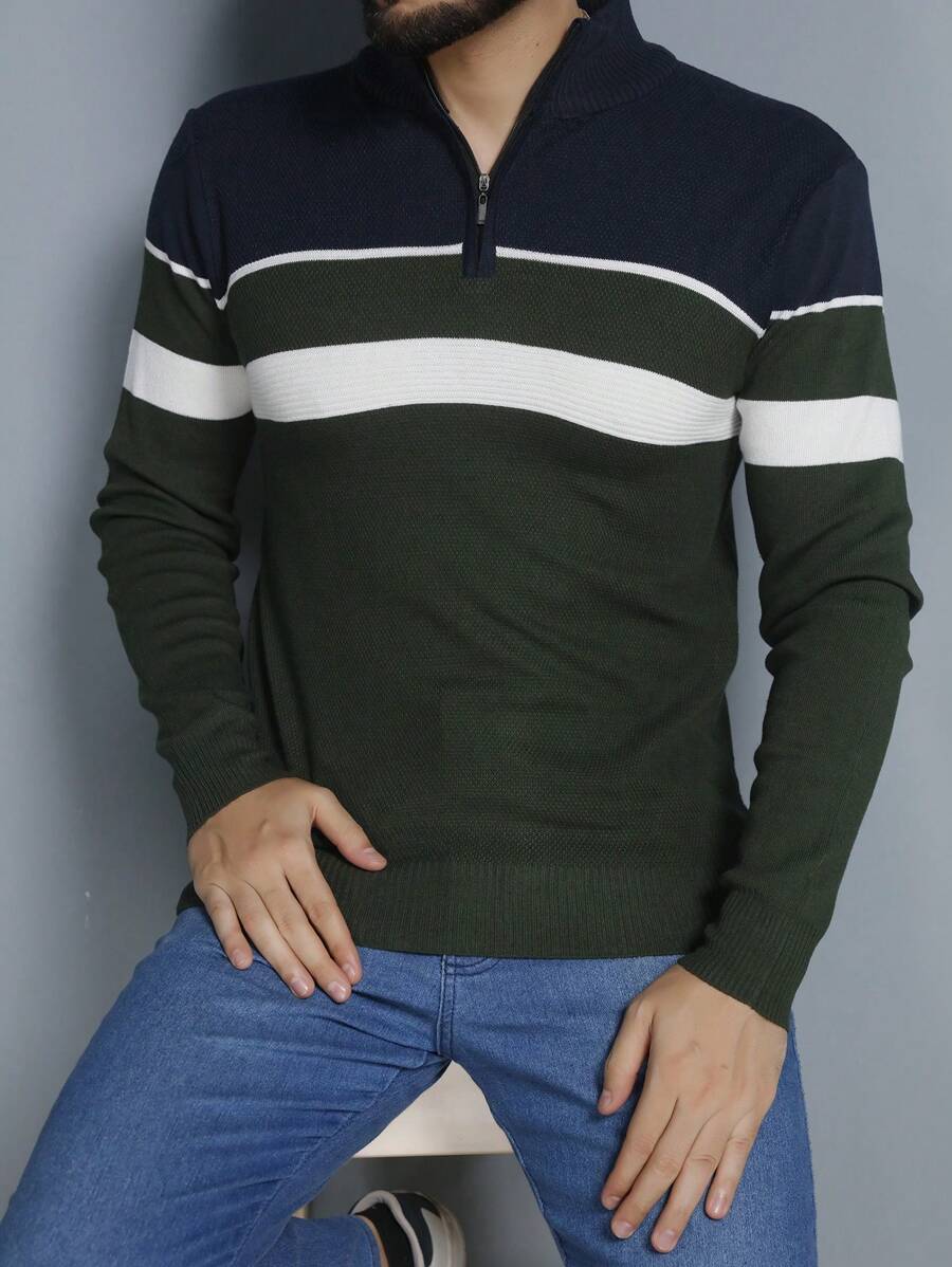 Men's Knitted Sweater Round Neck Autumn Winter Cold Weather Top - Army Green - View 1