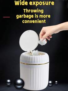 1PCOne-Piece Small Office Trash Can, Plastic Trash Can With Lid, 16.5cm High, Small Trash Can For Desktop And Coffee Area, White, Kitchen, Bathroom, Family, Household Items