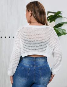 GoyRrbay Women's Plus Size Hollow Shrug Top V Neck Long Sleeve Knit Crop Cardigan - trắng - Xem 4