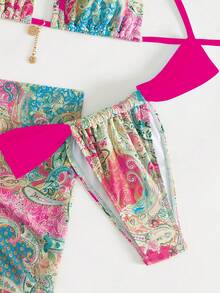 3pcs/Set Random Paisley Print Light Blue Halter Top, Triangle Bikini Bottoms & Chiffon Sarong Skirt Women's Swimsuit, Beach Vacation Style - Multicolor-rose Red - View 5