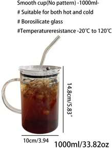 1pc 1000ml Transparent Glass Tumbler With Lid And Straw, High Borosilicate Glass, Universal High-Grade Anti-Leak Water Bottle With Handle, Large Capacity Straw Cup, Anti-Leak Mug For Office & Home Use