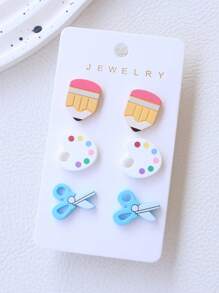 3 paires de boucles d'oreilles en acrylique et en argile polymère aux designs crayon, palette, ciseaux pour la Fête des enseignants/la rentrée scolaire/la saison de remise des diplômes - Des boucles d'oreilles mignonnes et amusantes, cadeau pour les fêtes - crayon palette ciseaux - Voir 1