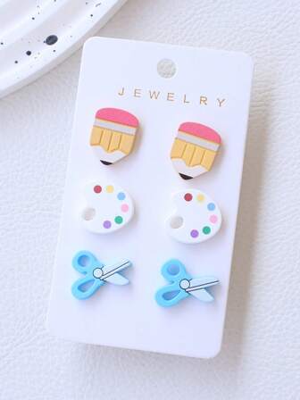 3 对丙烯酸和聚合物粘土教师节/返校/毕业季耳环、铅笔、调色板、剪刀设计 - 可爱有趣的耳环、节日派对礼物