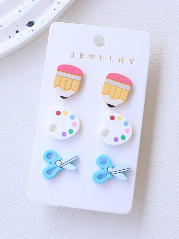 3 Pairs Acrylic & Polymer Clay Teacher's Day/Back To School/Graduation Season Earrings, Pencil, Palette, Scissor Designs - Cute & Fun Earrings, Holiday Party Gift