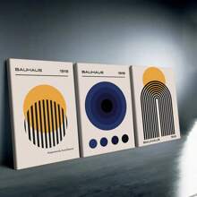 3PCS Canvas Wrapping Frame Bauhaus Abstract Wall Art, Geometric Designs With Circles, Arches, And Bold Colors, Premium Canvas Wall Décor, Ideal For Living Room, Office, Or Modern Spaces.