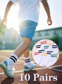 10 Pairs Of Kids' White Classic Striped Stretch Socks Are Casual And Comfortable For School Wear And Sports,Deodorant Sports Socks Children's Socks Unisex Teenagers Socks White