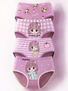 4pcs Pack Tween Girl Cartoon Girl & Stripe Printed Cute Bikini Panties