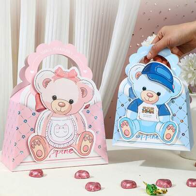 1/5 件 - 婴儿沐浴生日礼物袋，适合男孩和女孩，配有纸巾和卡片气球熊图案，带手柄