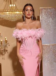 Luxury Beaded Feather Faux Pearl Bandage Split Dress, Women Elegant Formal Gown For Wedding Party, Prom, Graduation, Cocktail Evening, Wedding Guest Dress