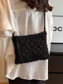 Handmade Woven Small Crossbody Bag, New Woven Shoulder Bag, Niche Retro Beach Style, Versatile Square Envelope Bag, Fashion Crossbody Bag, Beach Vacation Bag - Black - View 3