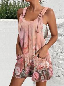 Elegant Floral Print Spaghetti Strap Jumpsuit With Suspenders For Vacation Style - Yellow - View 4