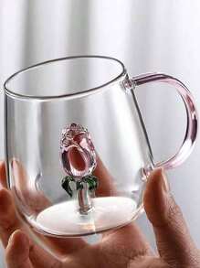 1pc 400ml 3d Rose Flower Design Single Layer Glass Cup With Clear Straight Body, For Juice, Beverage, Water, Milk Tea