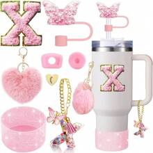 8 piezas de accesorios para taza de 40 oz y 30 oz, incluyendo tapa con pajita, tapa de silicona a prueba de derrames, funda de silicona, cadena con dije de letra, pegatina, gancho en forma de corazón, pompones con forma de corazón y bola de pelo, ideal para camping, regalo del Día de San Valentín, Día de la Madre, útiles escolares