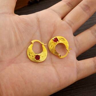 1 对金色迪拜风格耳环，红水晶迷你环形耳环，新娘婚礼珠宝配饰，女士节日礼物