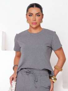 Women's Set In Fleece Fabric Comprising Shorts And Short Sleeve Cropped Top - 灰色 - 查看 2