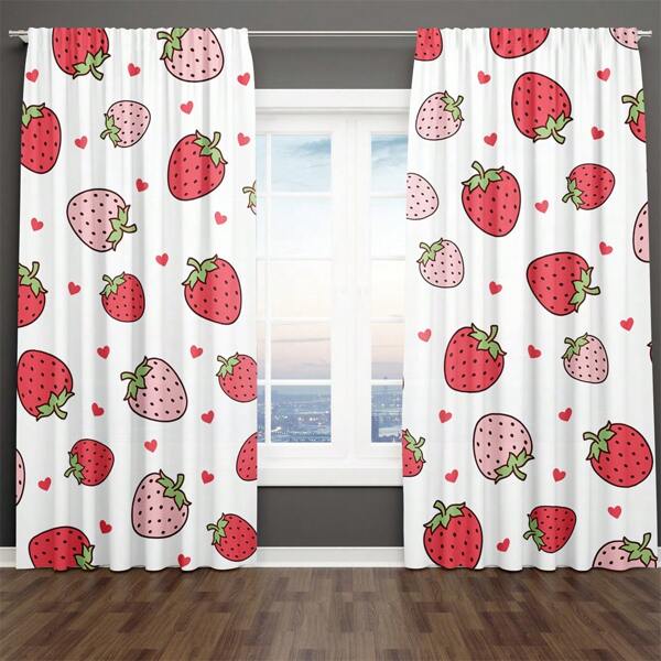 1 Set/2 piezas Cortinas con diseño de frutas, cortinas de ventana con estampado de fresa roja con forma de corazón, de acuarela, ideal para primavera y verano, para dormitorio de niños, niñas, sala de estar u oficina.