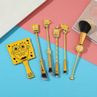 SpongeBob Makeup Brush & Mirror Collection, 5-Piece Set, Premium Synthetic Bristles, Vegan & Cruelty-Free, Perfect For Flawless Application, Foundation, Eyeshadow, Contour, Blush, Ideal Gift For Her, Holiday Season Favorite
