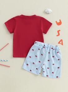 Conjunto de ropa de 2 piezas para bebés niños, con camiseta de manga corta con bordado de bandera y pantalones cortos a rayas elásticos - Rojo - Ver 7