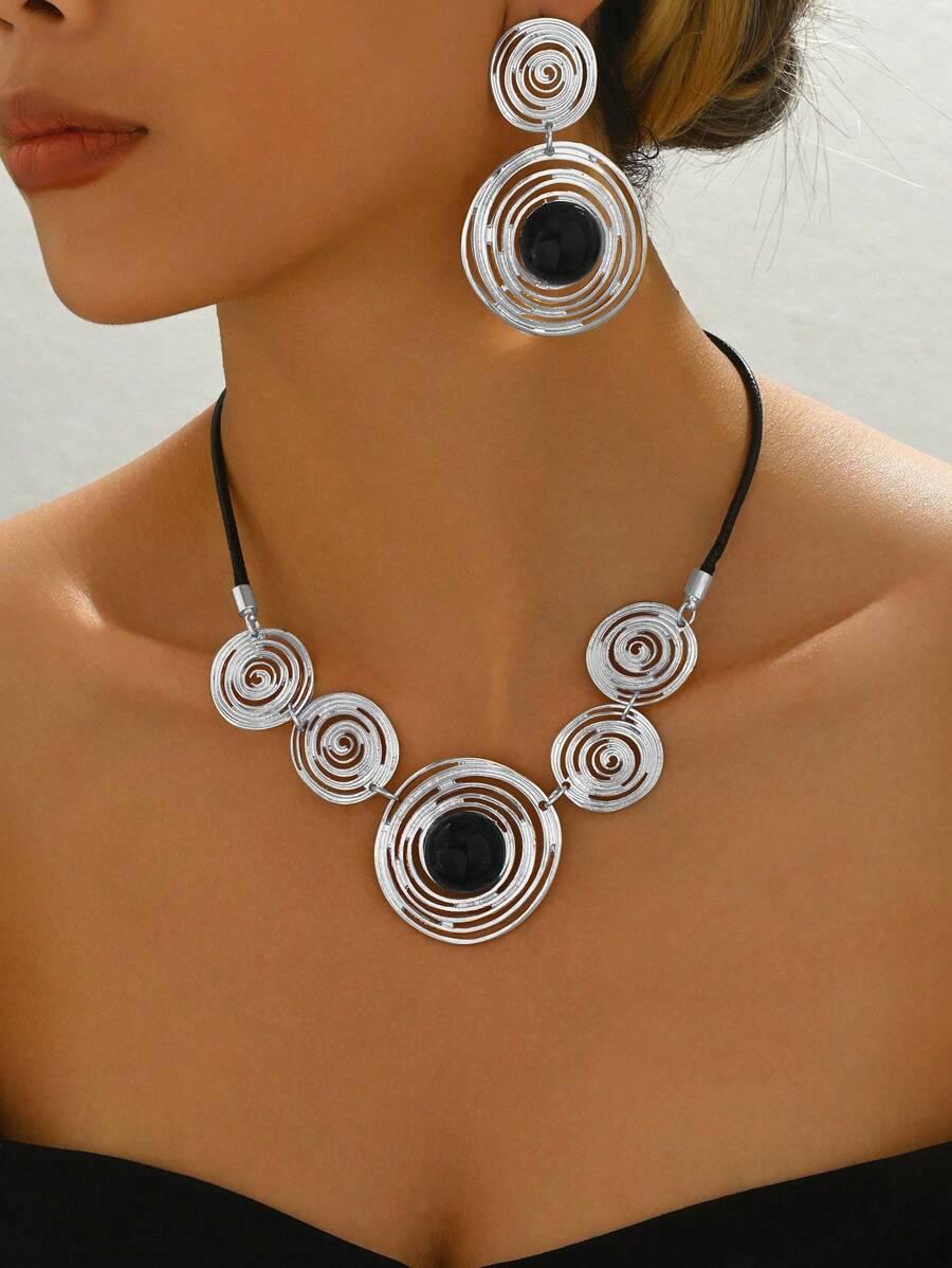 3pcs/Set Geometric Circle Spiral Pattern Acrylic Jewelry Set - Silver - View 1