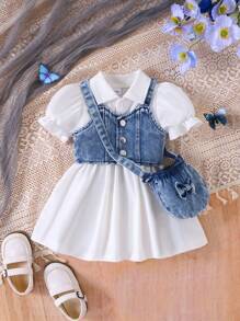 3pcs Baby Girl Set: Denim Cropped Vest Jacket, Solid Polo Collar Bubble Sleeve Ruched Waist Dress And Denim Bow Decor Crossbody Bag
