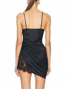 女式夏季撞色蕾丝侧抽绳吊带连衣裙 - 黑色 - 查看 4