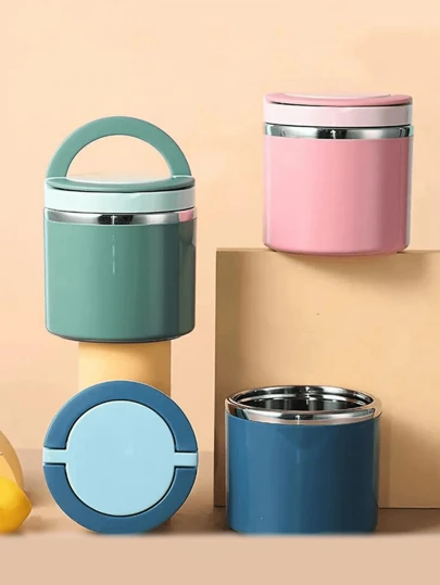 1 pieza Recipiente de alimentos de acero inoxidable de 630/1000ml, Caja de almuerzo redonda reutilizable y sellada, Taza de desayuno de gran capacidad, Para escuela, universidad, oficina, picnics al aire libre, trabajo, organizadores y almacenamiento de cocina, accesorios de cocina