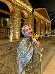 1件装女士波西米亚风佩斯利印花蓝色头巾披肩，休闲优雅女士围巾配饰，防风披肩，适合日常佩戴，情人节面纱装扮，阿巴雅长袍配饰，柔软头巾，连衣裙配饰 - 果綠色 - 查看 3