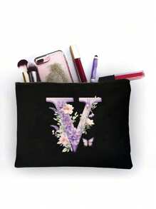 Polyester Zipper Makeup Bag With Flower And Butterfly Letter A-Z Pattern, Elegant Butterfly Design Cosmetic Bag, Coin Purse, Great Gift For Lover And Family, College Dorm Makeup Organizer, Storage Bag, Minimalist Toiletry Bag, Gift Bag, Snack Bag, Mother's Day Gift, Teacher Back To School Gift, Sister Gift, Best Gift For Mother, Birthday Gift - Black - View 15