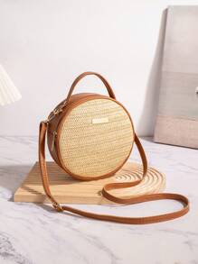 Women's Straw Woven Round Handbag, Summer Beach Style Shoulder Bag, Casual Tote Crossbody Bag, Fashion Summer Vacation Bag, Beach Essentials Women Bags For Vacation & Holiday