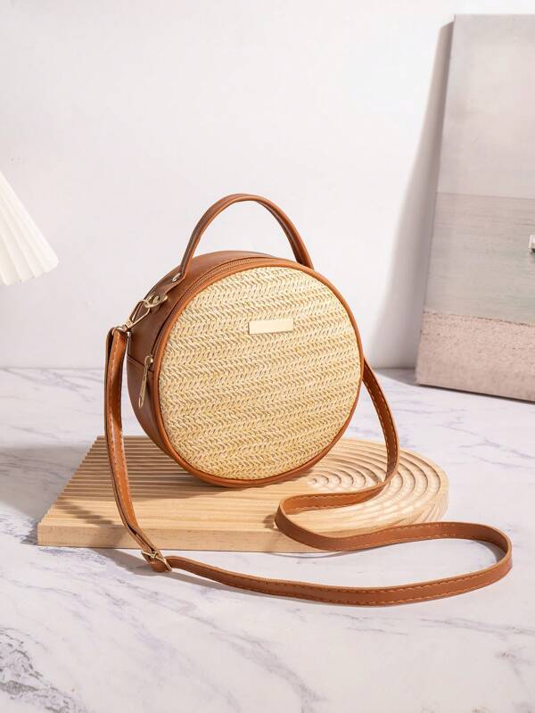 Bolso redondo de paja tejida para mujer, bolso de hombro estilo playa de verano, bolso de tela casual cruzado