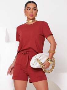 Women's Set In Fleece Fabric Comprising Shorts And Short Sleeve Cropped Top - Tile - View 2