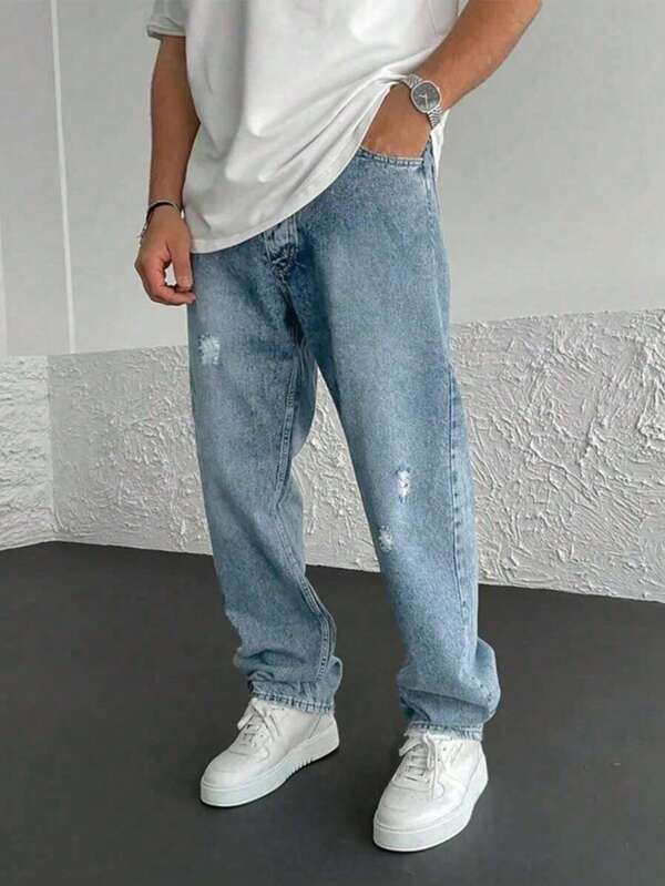 Jeans in denim invecchiato e strappato casual leggero per ragazzi adolescenti